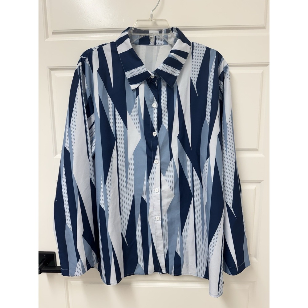 Unbranded Womens 2XL Blue Geometric Silky Button Front Blouse Top A12